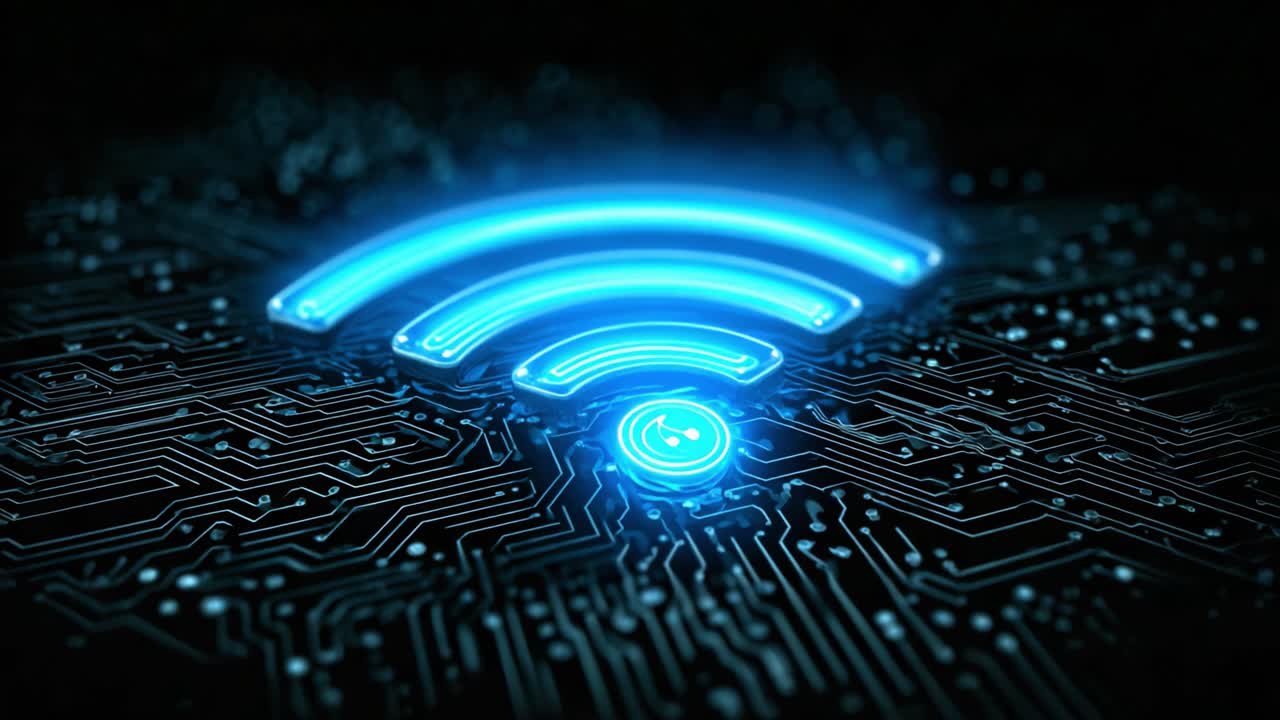 Illuminated Wi-Fi Symbol Over Circuit Board Background Representing Modern Connectivity and Digital Communication in a High-Tech Environment