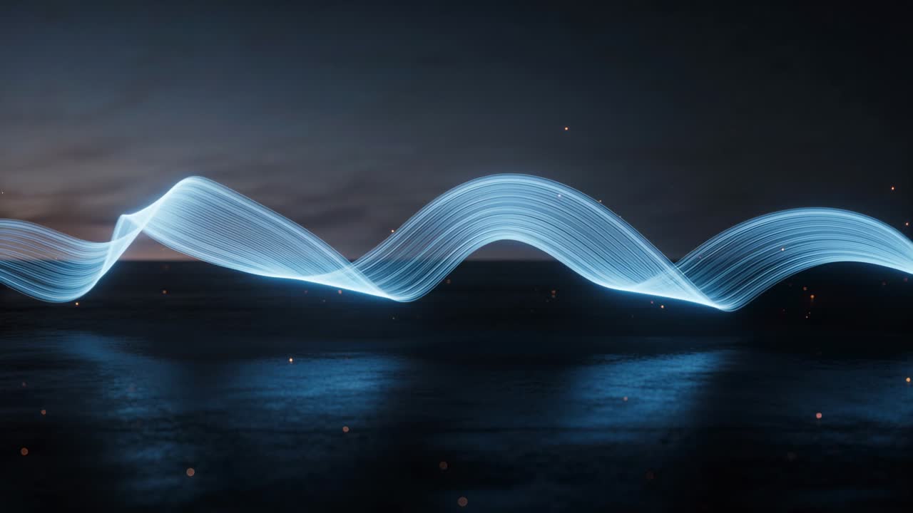 Waving glowing multilayered blue ribbon moving right after central crest rises above dusk seascape