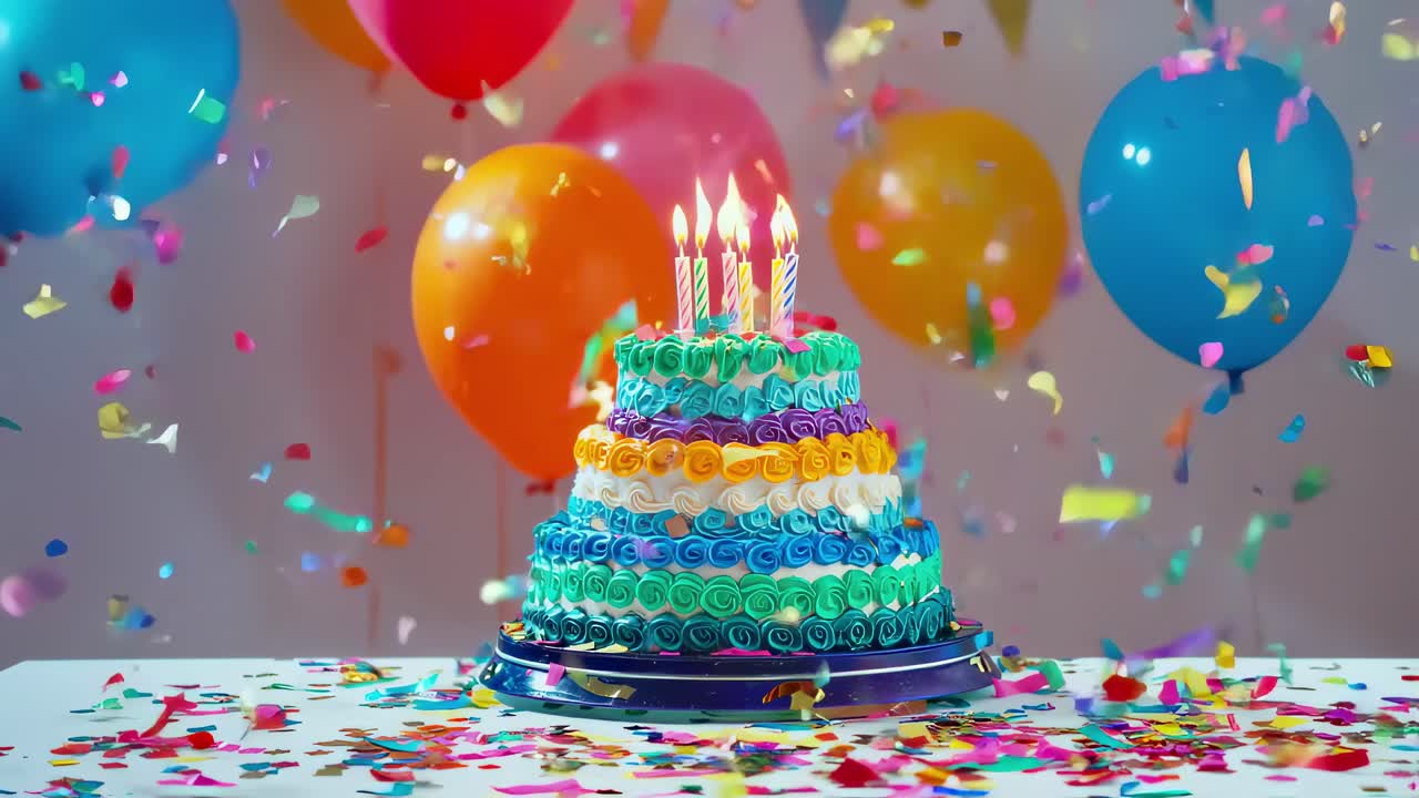 Lighted candles stand on a tiered cake decorated with colorful swirls of frosting, surrounded by balloons and falling confetti, creating a festive birthday atmosphere