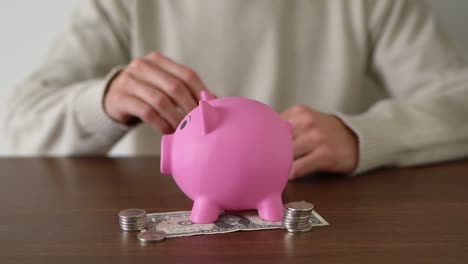 person saving silver coins in a pink piggybank