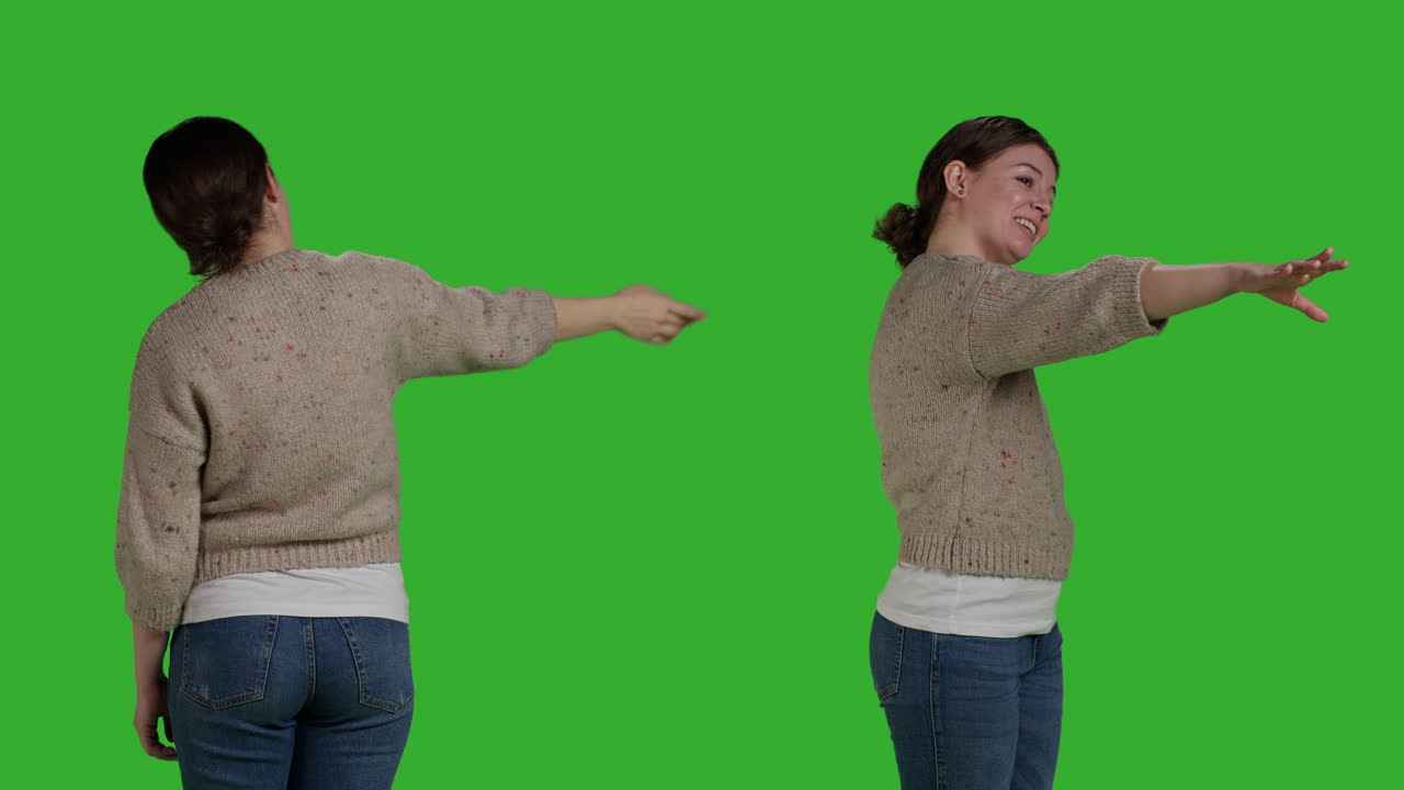 Woman Pointing on Green Screen