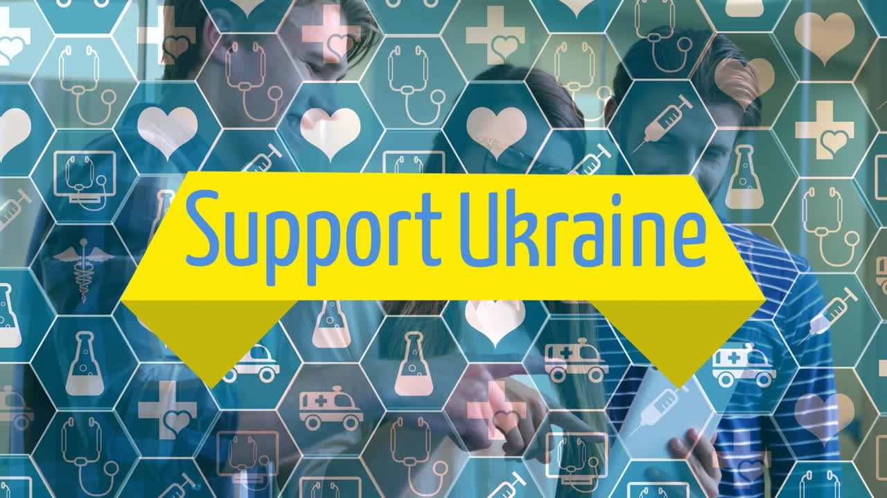 의료 아이콘의 애니메이션과 다양한 사람들의 그룹에 대한 우크라이나 텍스트 지원