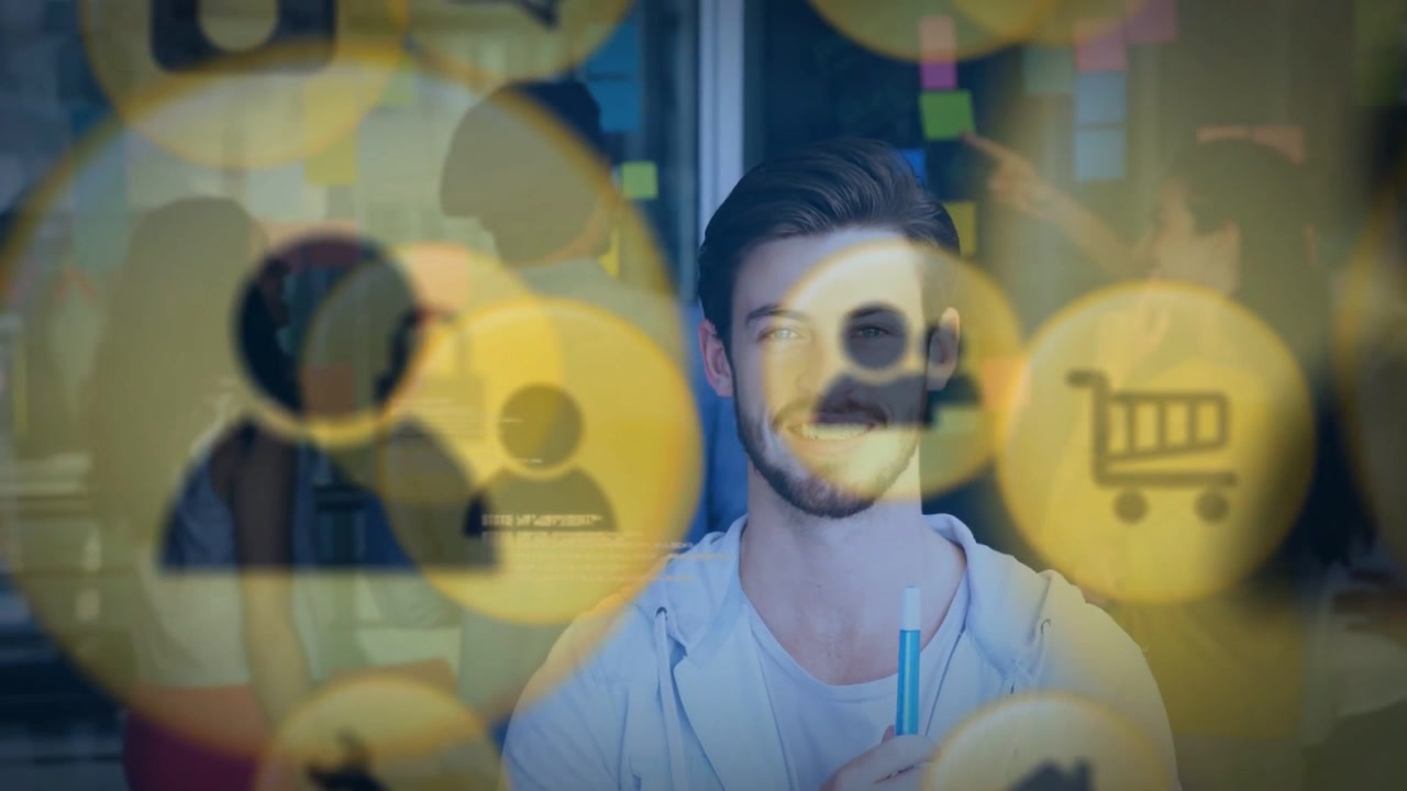 Male with pen leading business meeting while yellow person and cart icons drifting and fading