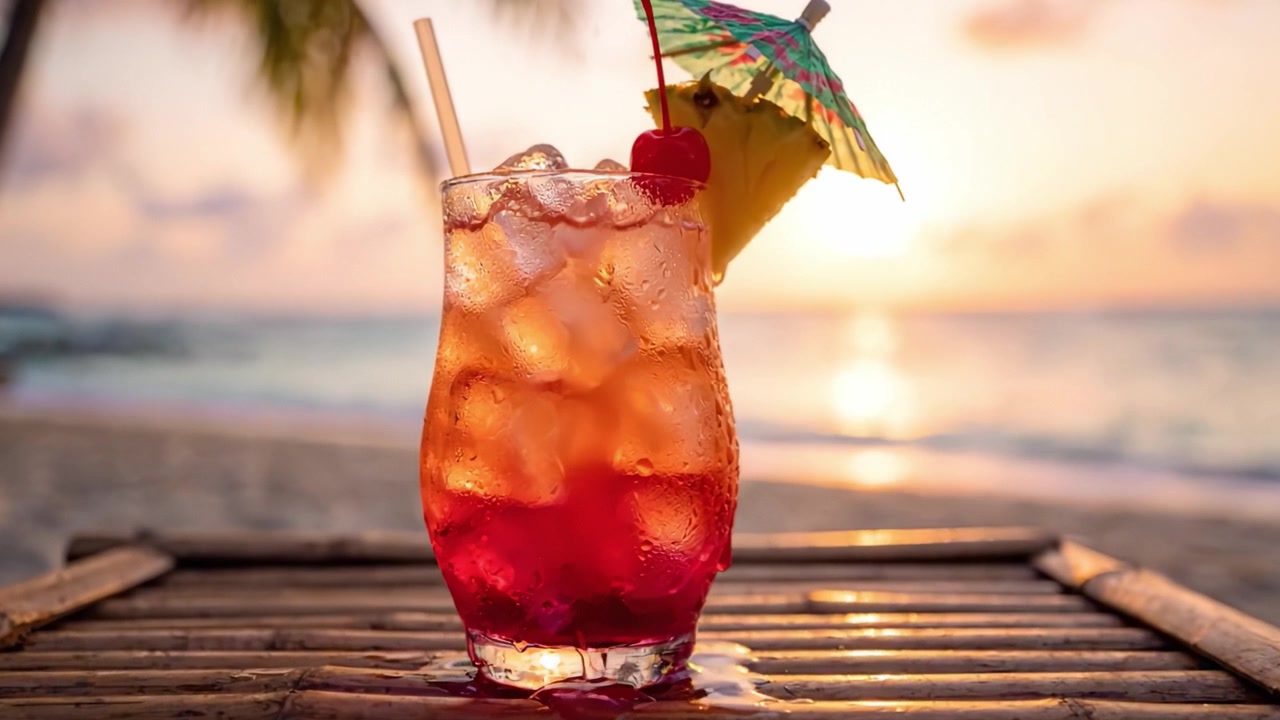 Un rinfrescante cocktail tropicale con un ombrellino colorato e una ciliegia, ambientato contro uno splendido tramonto su una spiaggia serena, perfetto per il relax e il divertimento.