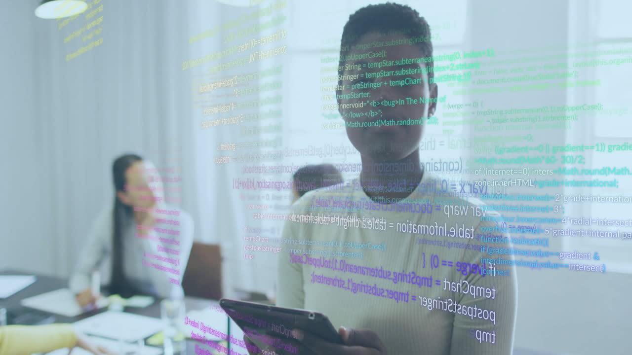 Animation of financial data processing over african american businesswoman using tablet