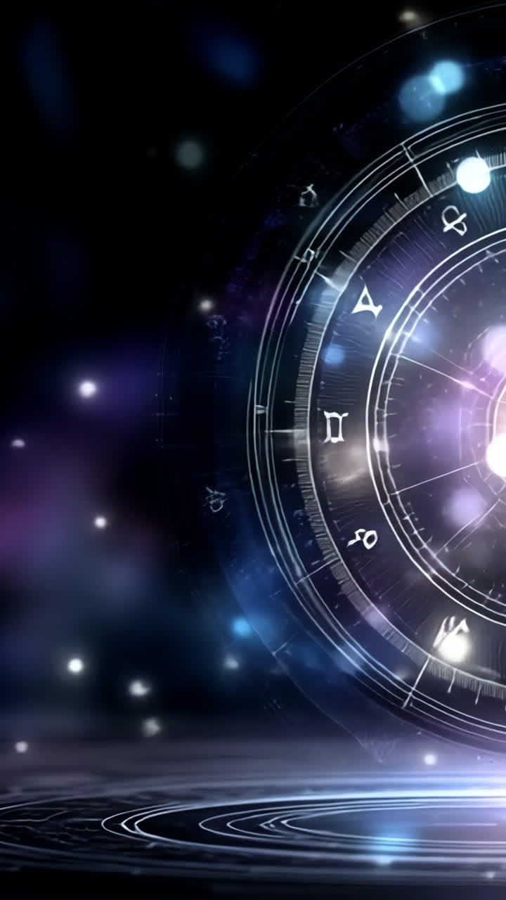 Zodiac wheel in cosmic space. The zodiac wheel surrounded by shimmering cosmic elements creates an enchanting astrological atmosphere.