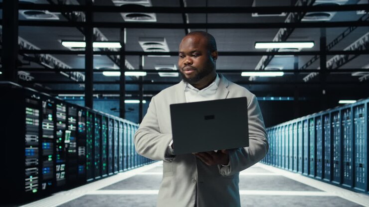 Vertical video Engineer walking in server room backing up storage arrays using software