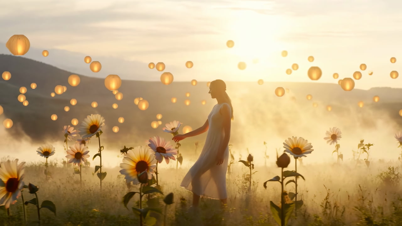 Golden Sunset Field Sunflowers Woman Walking, Bride Silhouette Wanders Through Misty Meadow Under Floating