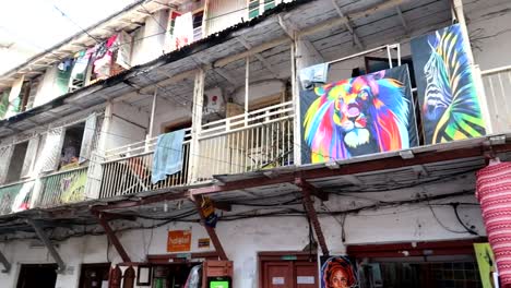 Colorful-Local-houses-with-hanging-clothes-and-selling-animal-Tinga-Tinga-frames