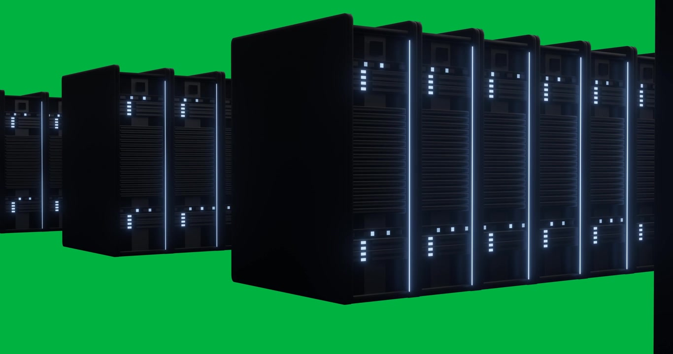 Animazione di luci che sfarfallano sui server in una sala server su sfondo trasparente.