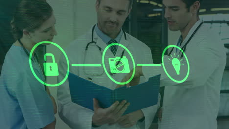 animation of flowchart of icons over caucasian doctors discussing patient reports in hospital