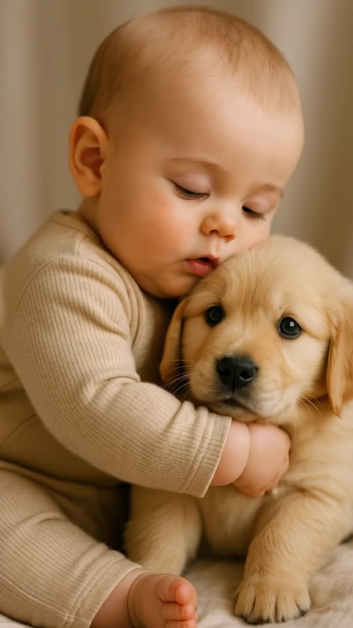A heartwarming video still of a baby cuddling a puppy
