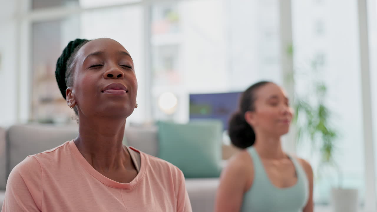 Yoga, meditation and women in living room