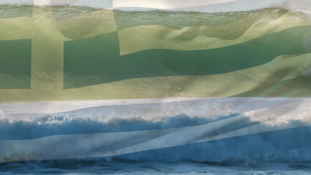 animación de la bandera de grecia ondeando sobre las olas que se estrellan en el mar