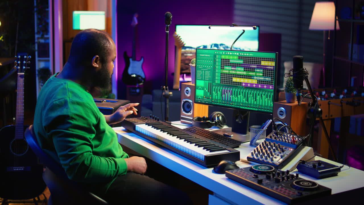 Sound engineer recording piano notes with DAW software in his home studio