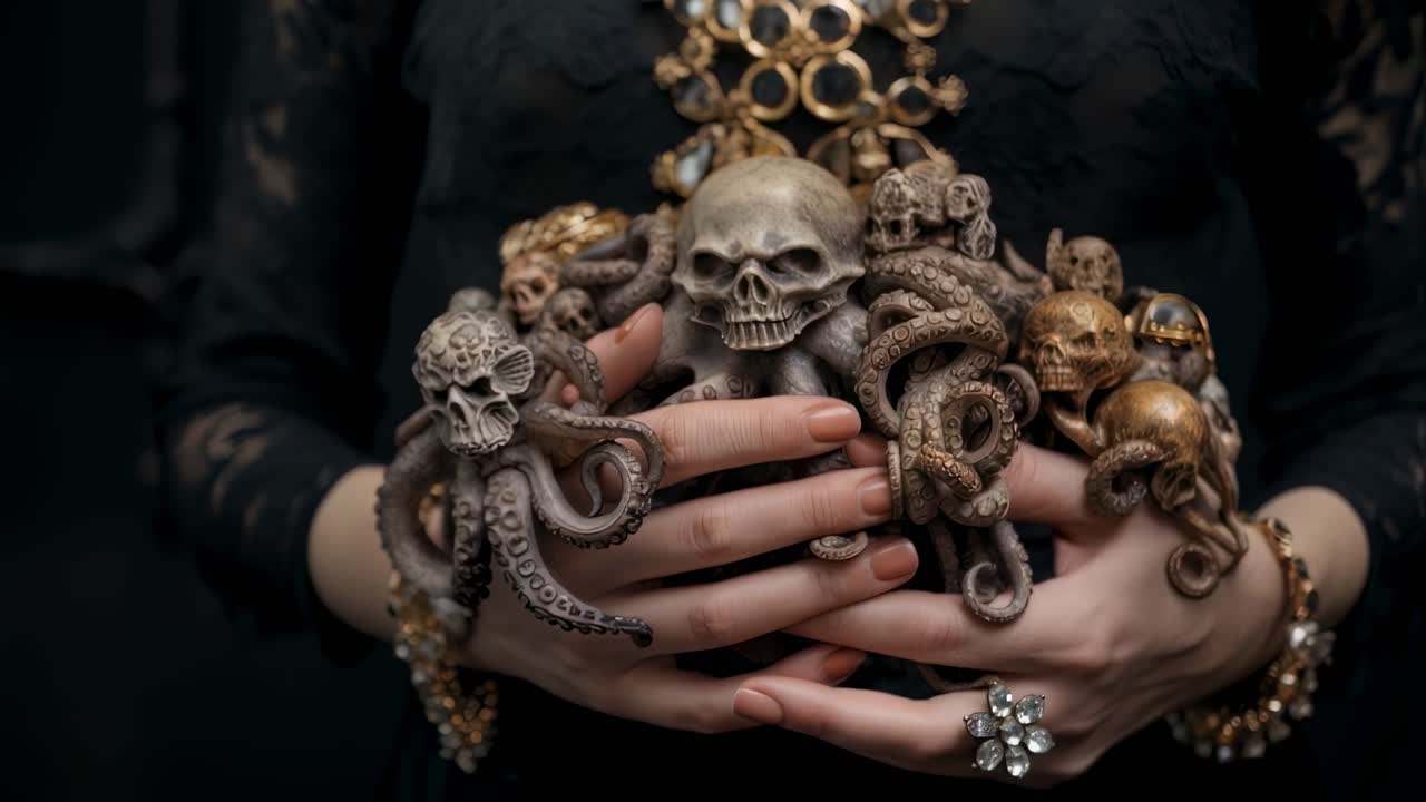 Gold adorned woman wearing black lace, clutching small octopus and skull figurines, embodying mysterious, gothic inspired aesthetic with dramatic visual intrigue
