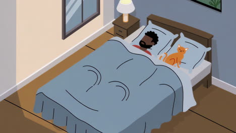 man and cat sleeping in bed