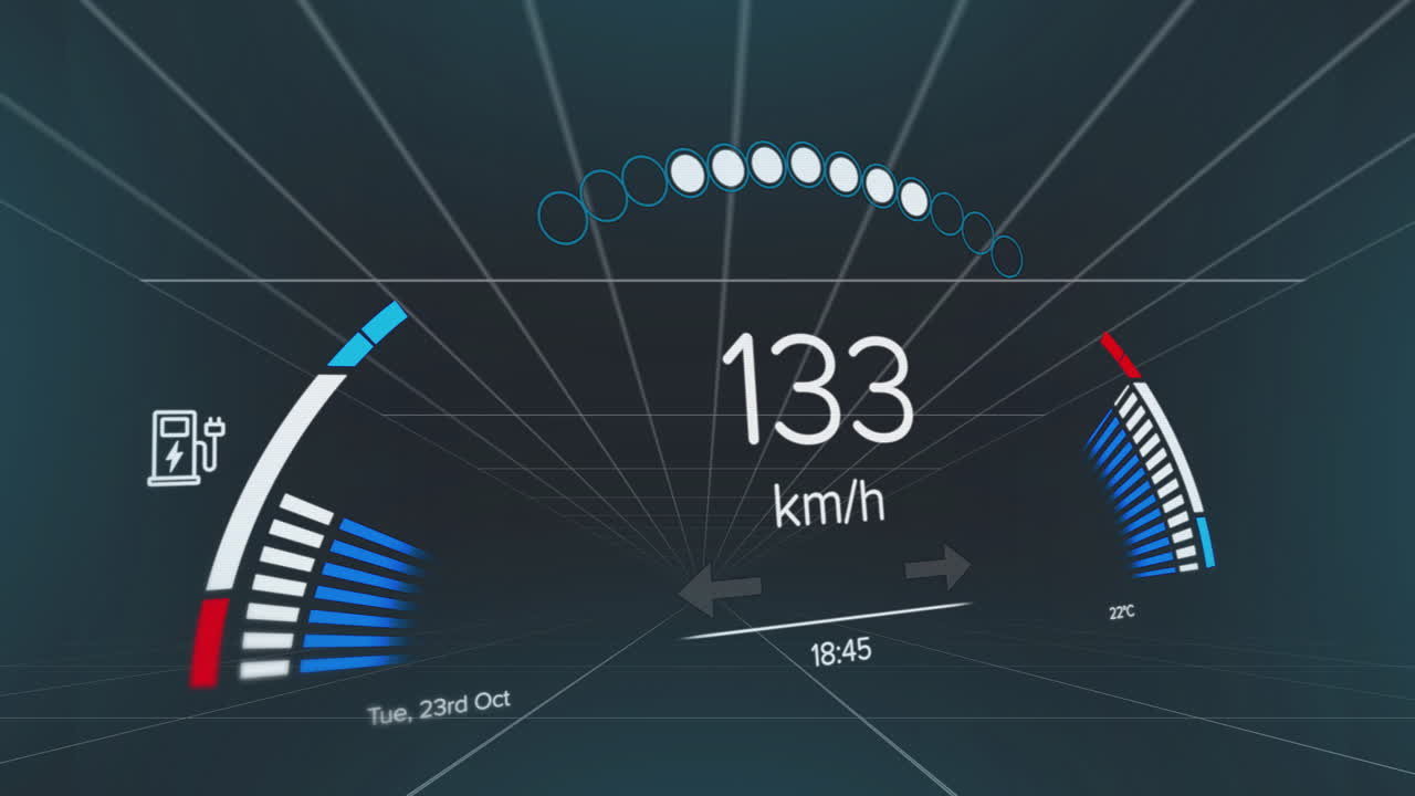Displaying speed, fuel level, and date, digital dashboard with futuristic animation