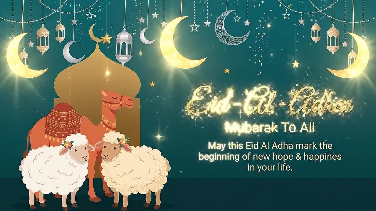Grafica banner animato di auguri Eid Al Adha con cammello, pecora, lune crescenti, lanterne e moschea dorata