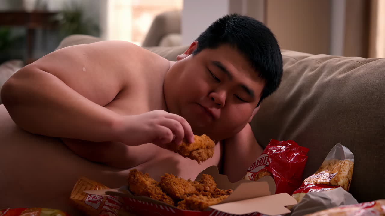 Overweight man eating fried chicken on a couch