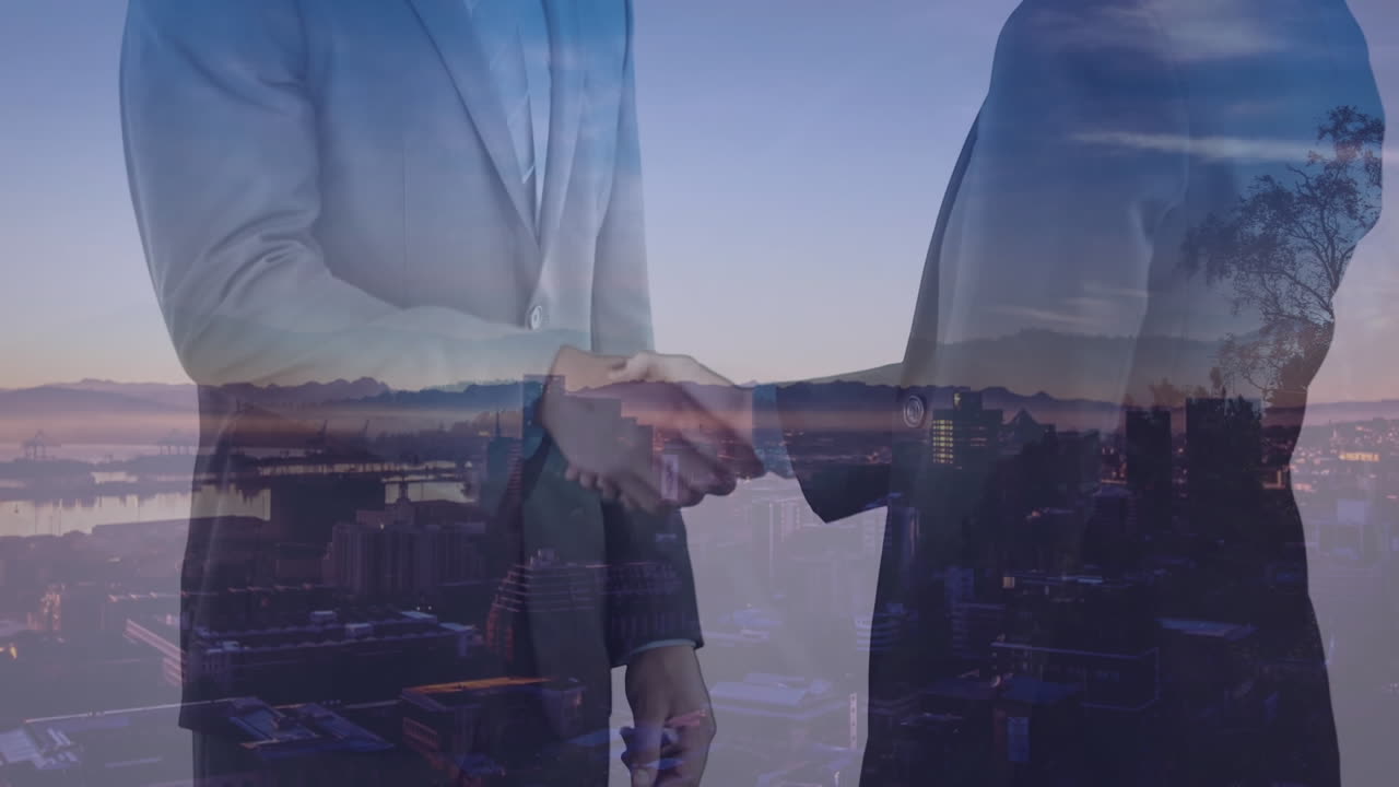 анимация рукопожатия бизнесмена над городским пейзажем