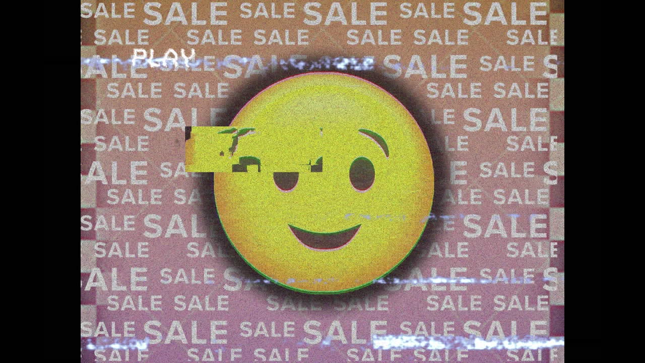 анимация игрового интерфейса над улыбающейся иконкой эмодзи и текстом продажи