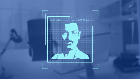 animation of biometric photos and data processing over work station in office