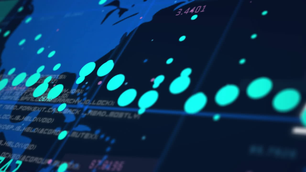 animación del mapa del mundo con procesamiento de datos sobre fondo oscuro