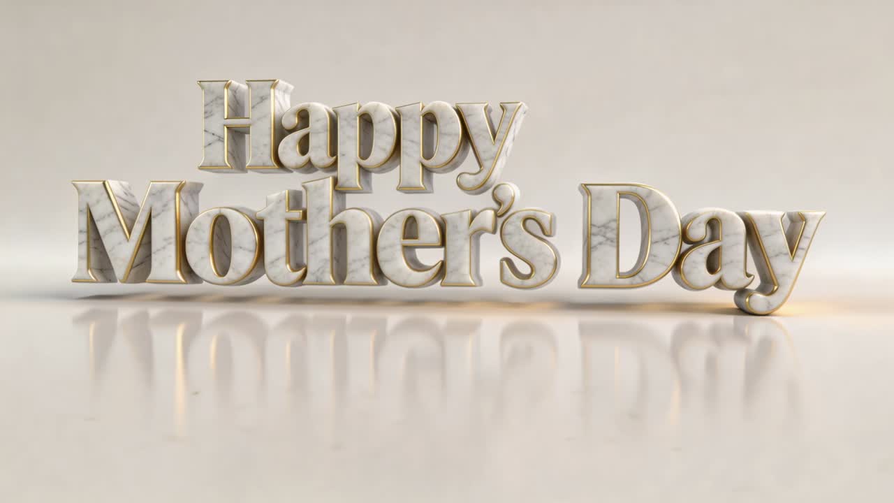 Pulling back camera revealing centered Happy Mother's Day text on glossy floor to show full phrase