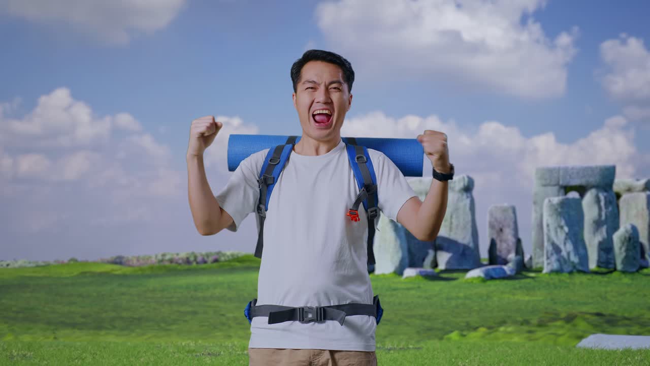 Excited Traveler at Stonehenge