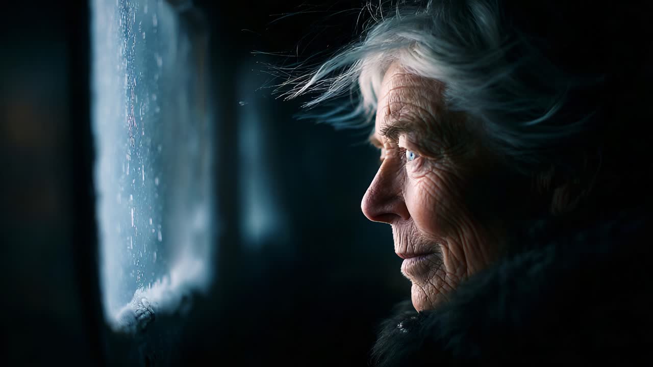 A contemplative elderly woman gazes thoughtfully out of a rain-speckled window, reflecting on memories and life's journey amidst a quiet moment of introspection