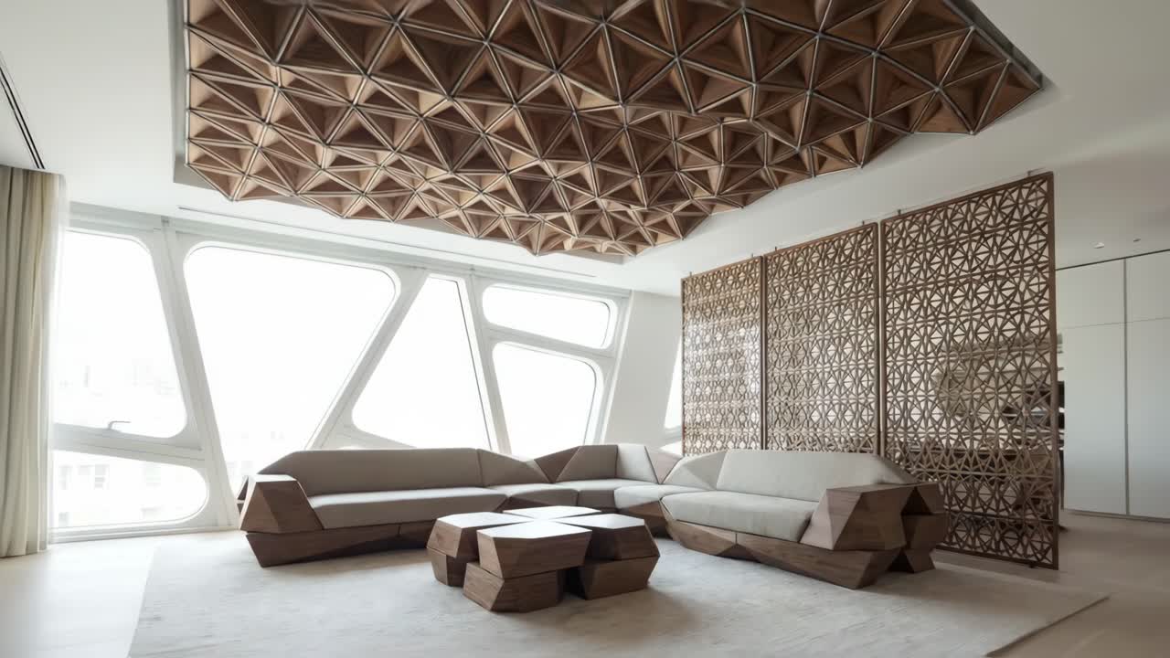Spacious Modern Interior with Geometric Wood Ceiling and Furniture