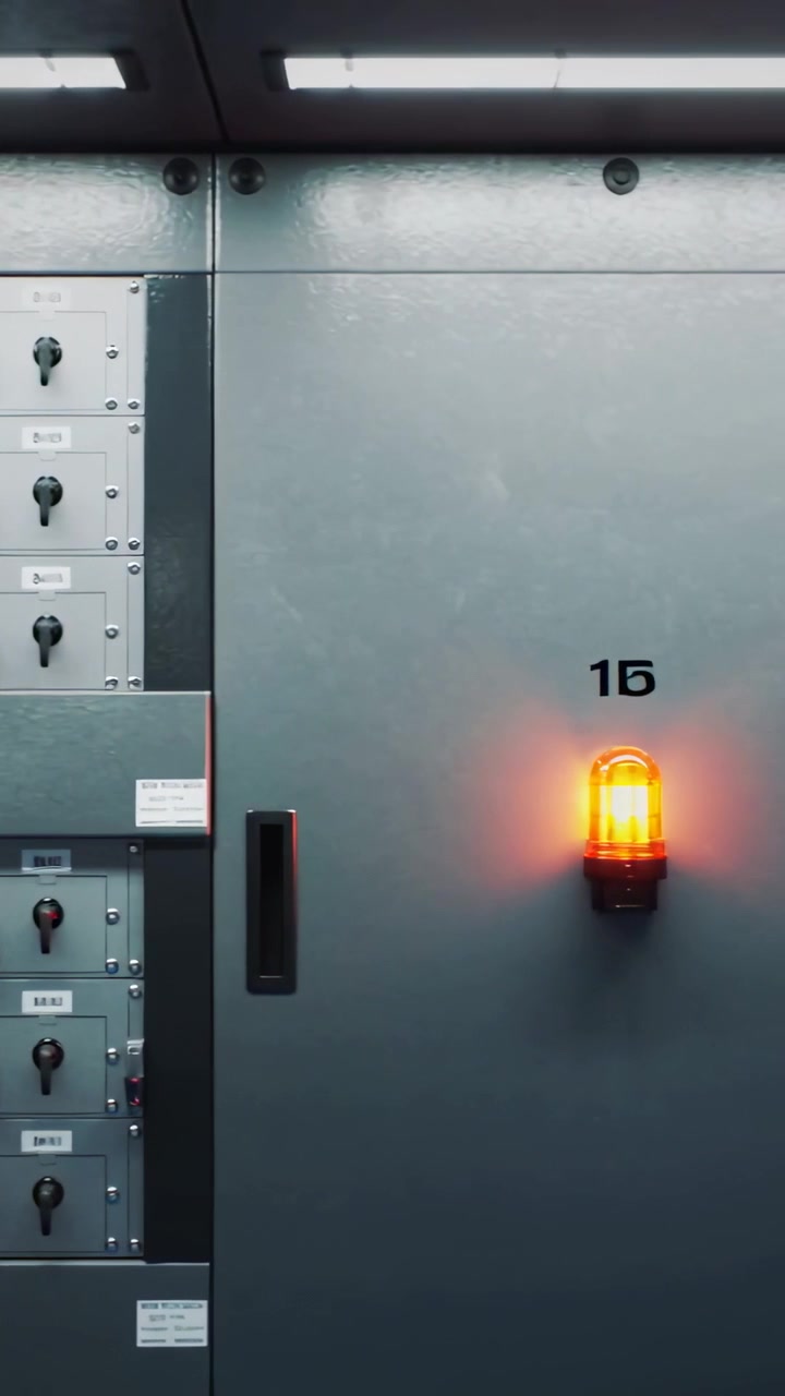Video verticale: Telecamera che panoramica sui controlli verso una porta di armadietto grigia in un impianto, con il faro 15 che segnala