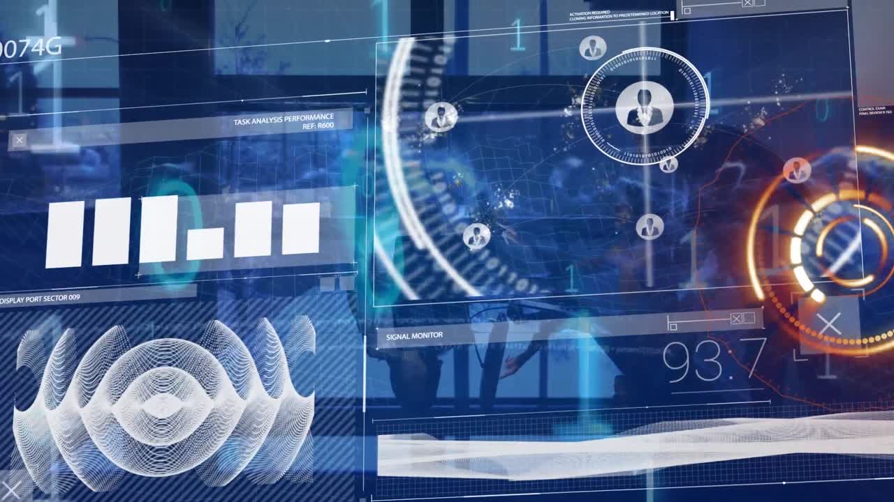 múltiples pantallas con conexiones globales y datos financieros que se mueven en ellas.