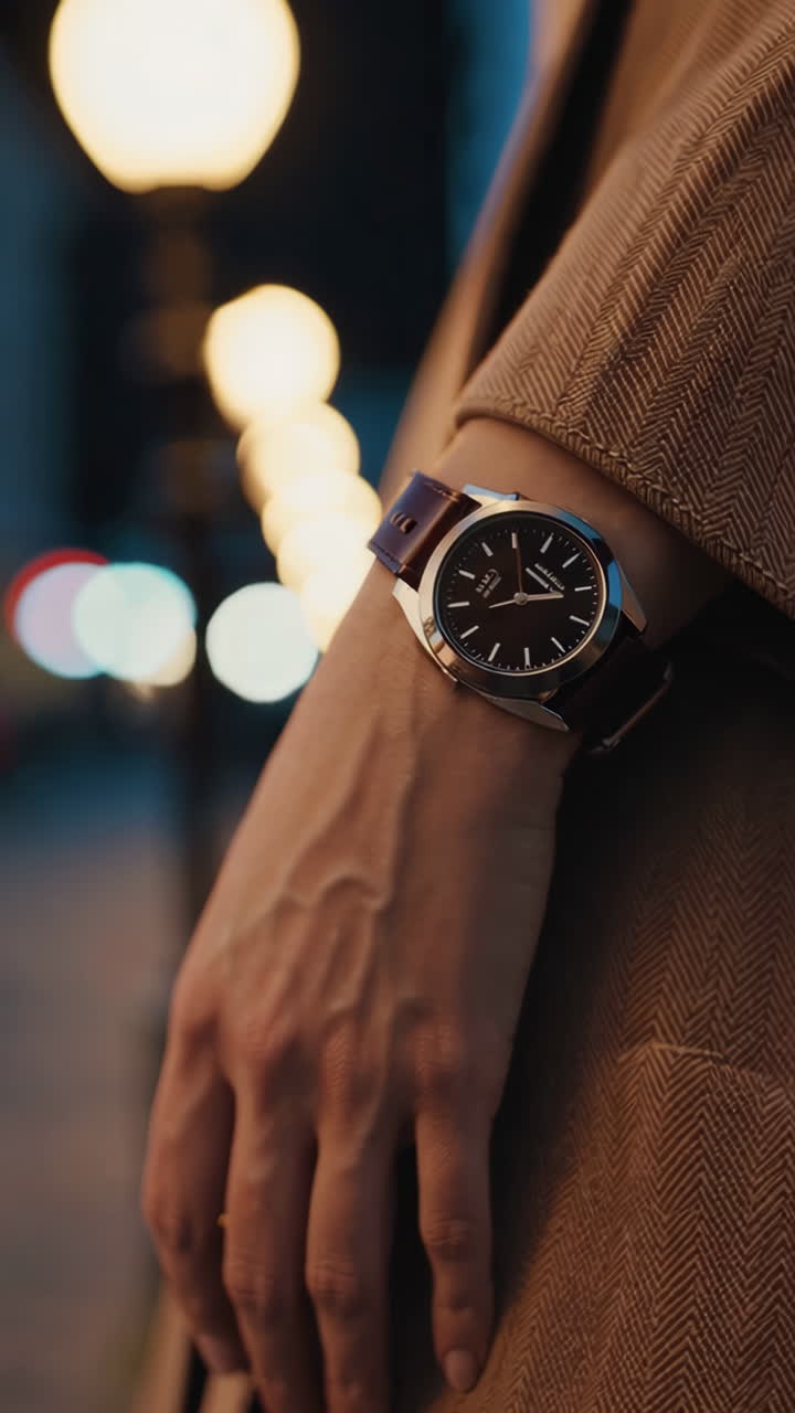 Person wearing a watch and coat in an urban night setting