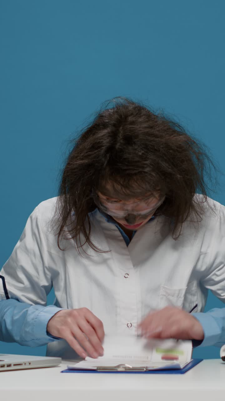 Scienziata in laboratorio con occhiali protettivi e camice da laboratorio