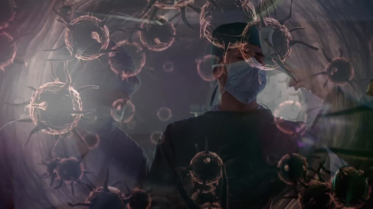 코로나바이러스 코로나19의 확산 애니메이션, 배경에는 의료진이 있습니다.