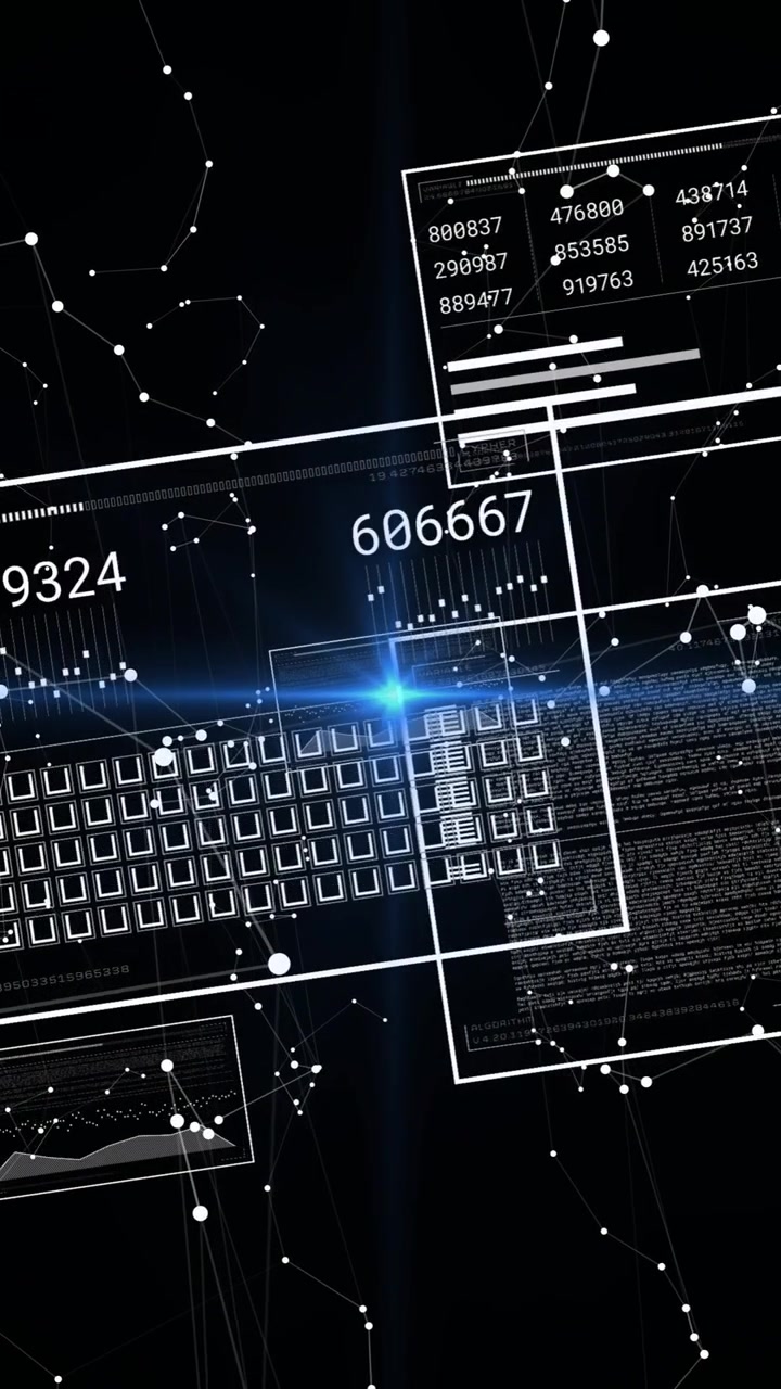 Animasjon av et digitalt grensesnitt med tastatur og tall, som viser datatilkoblinger.