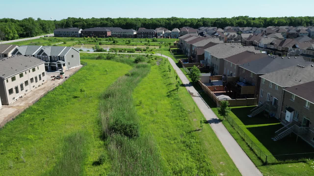 Outdoor paved nature walking path in community neighborhood, day drone aerial