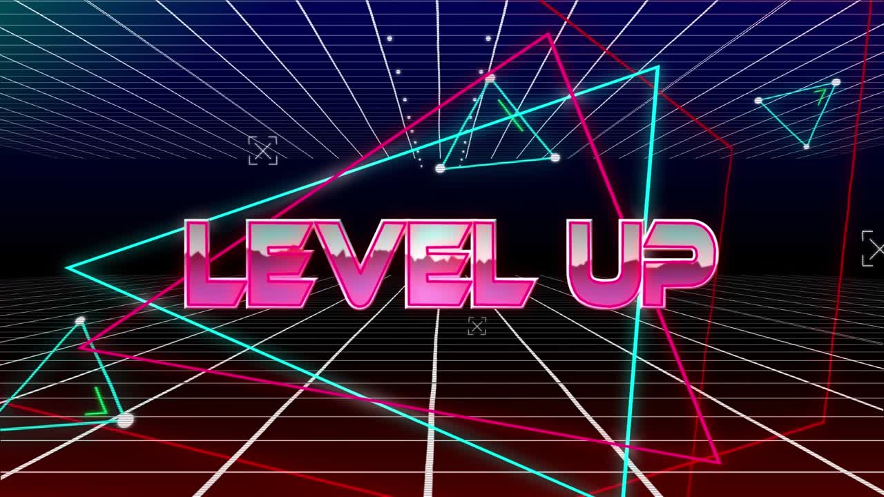 Animazione di testo di level up su forme geometriche su sfondo scuro