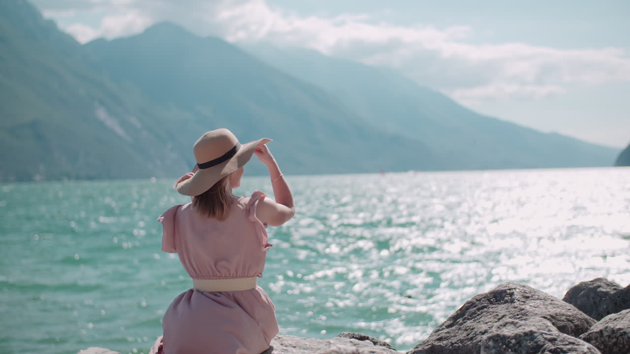 Happy Woman Painting Sea Mountain Landscape View