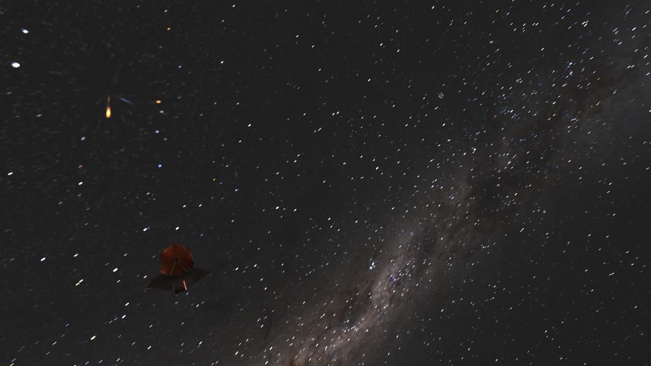 Timelapse James Webb Space Telescope JWST in Distance Moving Towards Camera with Milky Way Galaxy Stars Background - 3D CGI Animation 4K