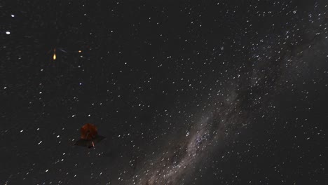 timelapse james webb telescopio espacial jwst en la distancia moviéndose hacia la cámara con el fondo de estrellas de la galaxia de la vía láctea - animación 3d cgi 4k