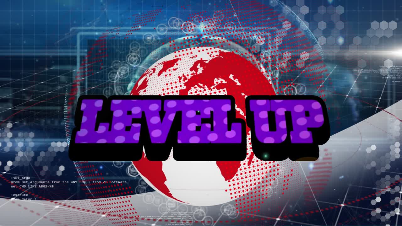 Animation of level up text with speech bubble against globe on digital interface of video game
