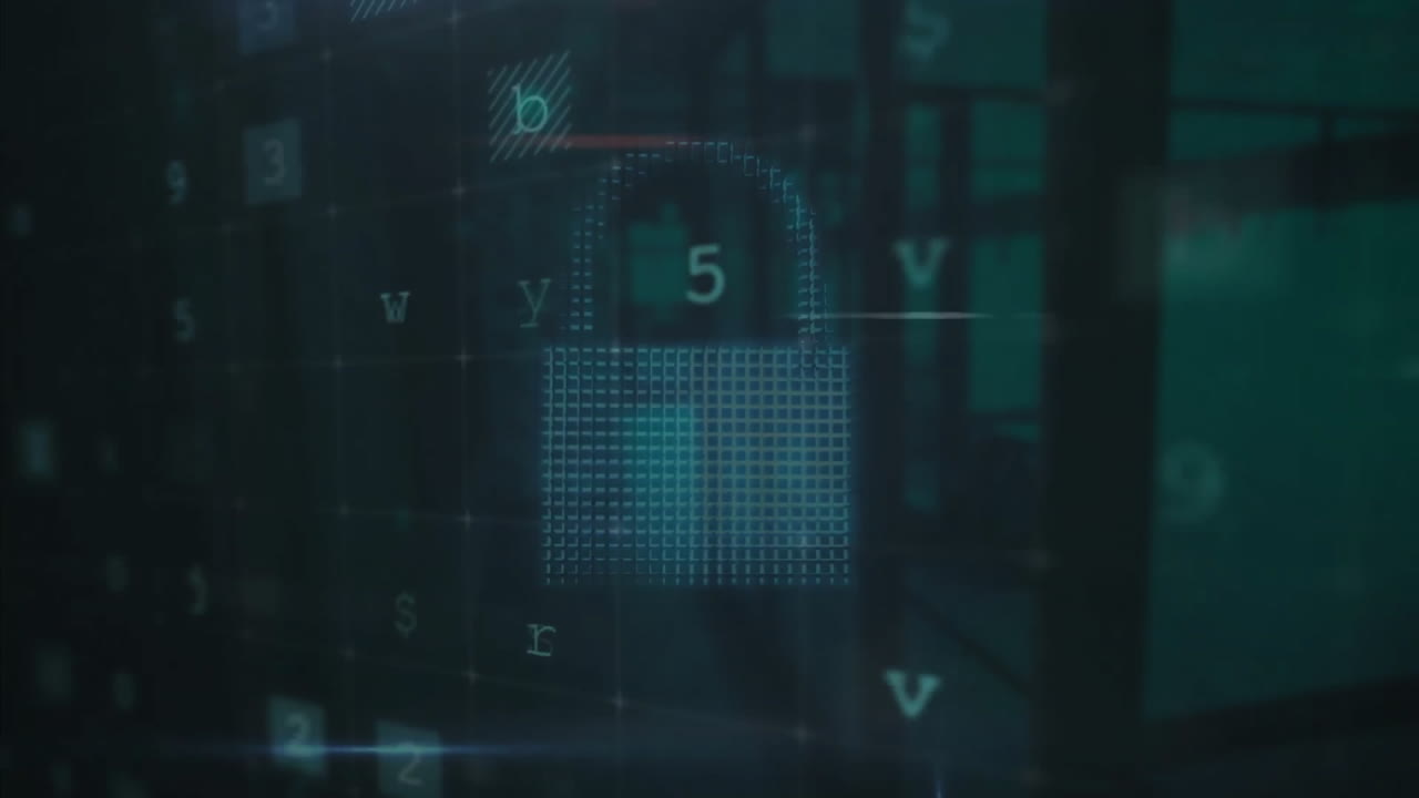 animación del texto de advertencia de seguridad cibernética y el candado sobre la oficina