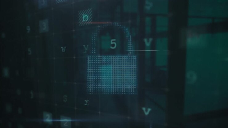 Animation of cyber security warning text and padlock over office