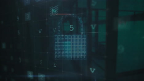 Animation of cyber security warning text and padlock over office