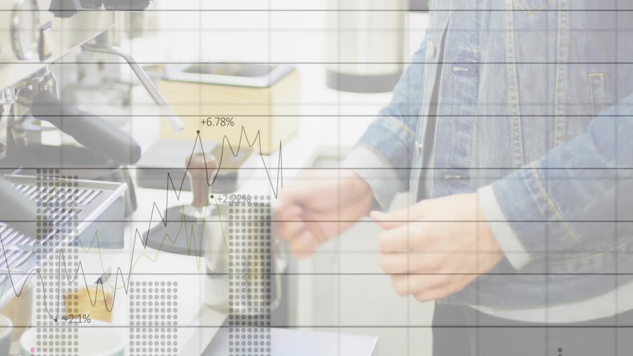 barista tamping espresso on countertop, overlaid graphs and bars showing coffee business trends