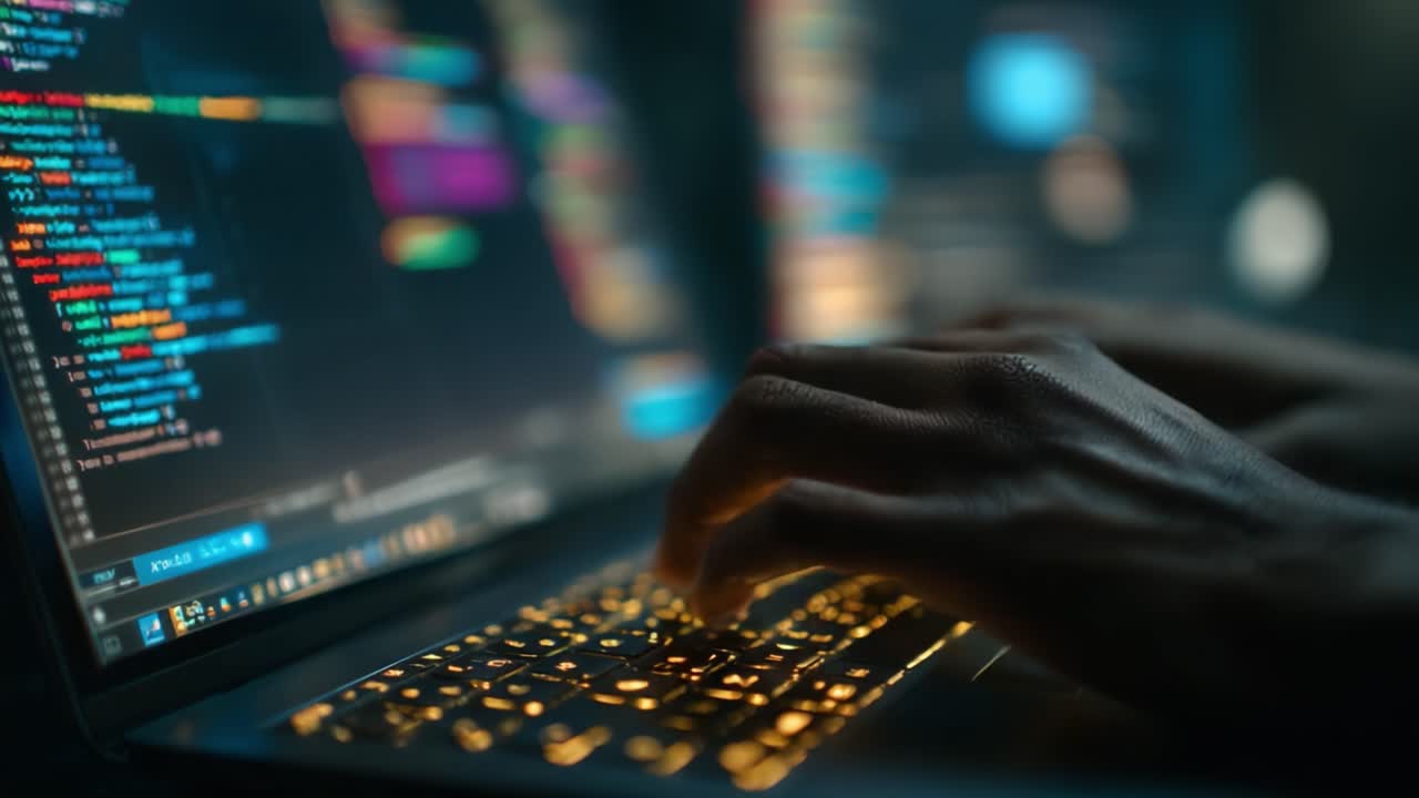 A Close-Up View of Hands Typing on a Laptop Keyboard, Illuminated by Colorful Code Displaying on the Screen, Emphasizing the Art of Programming and Coding