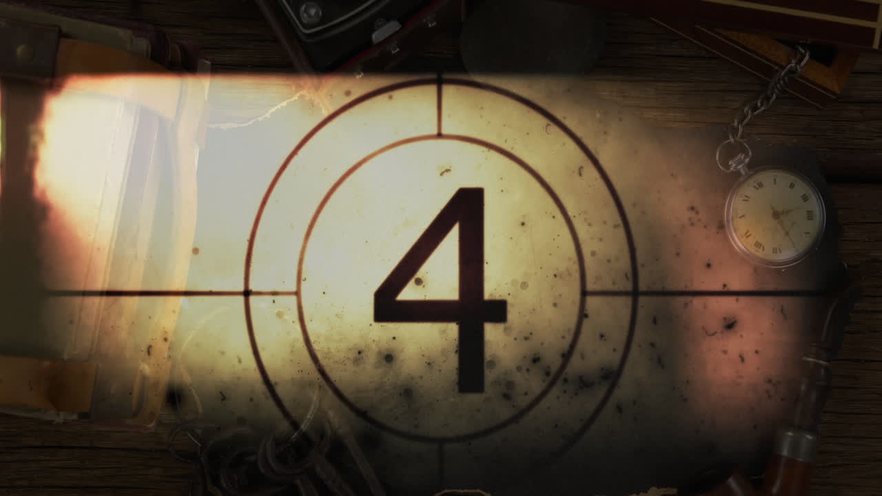 Animation of countdown from ten to one over vintage watch and travel items